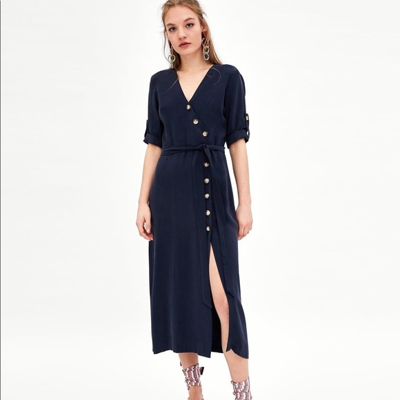 Zara Dresses & Skirts - Zara Navy Midi Dress with Buttons NWT L